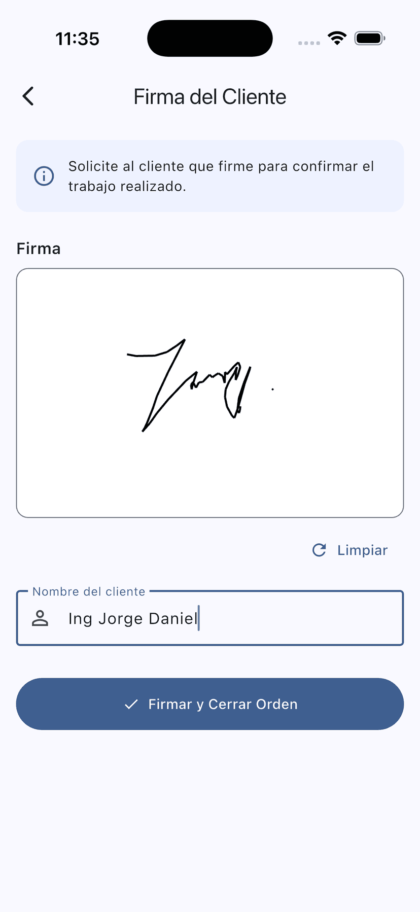 Firma digital del cliente para cerrar orden de servicio