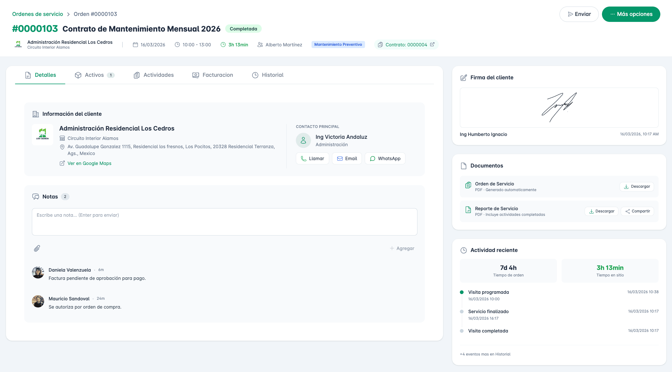 Detalle de orden de servicio en Fieldu